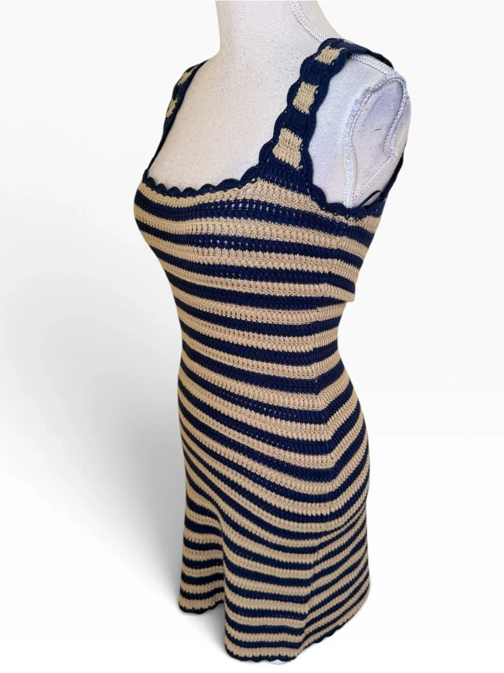 J. Crew Tan/Navy Striped Scallop Trim Tank Sweater Dress XS